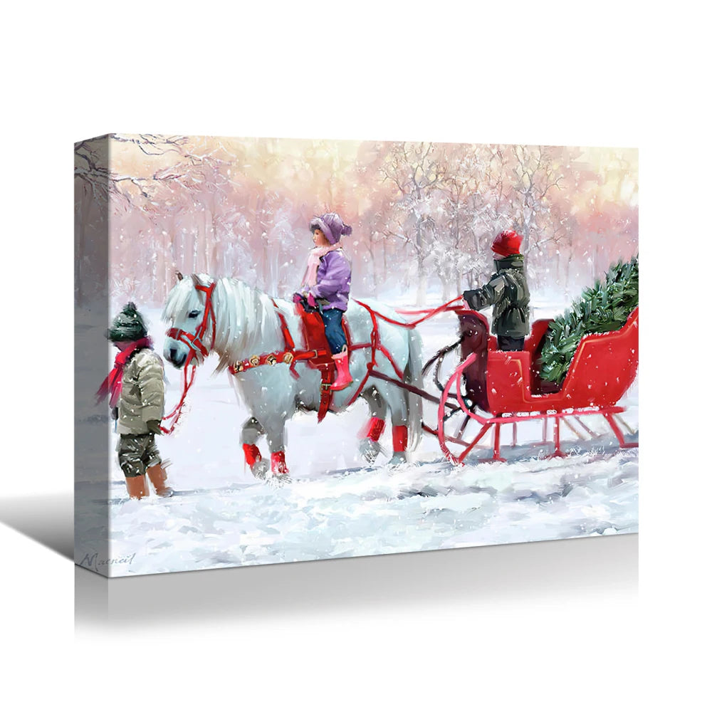 White Horse with Sleigh Christmas Canvas