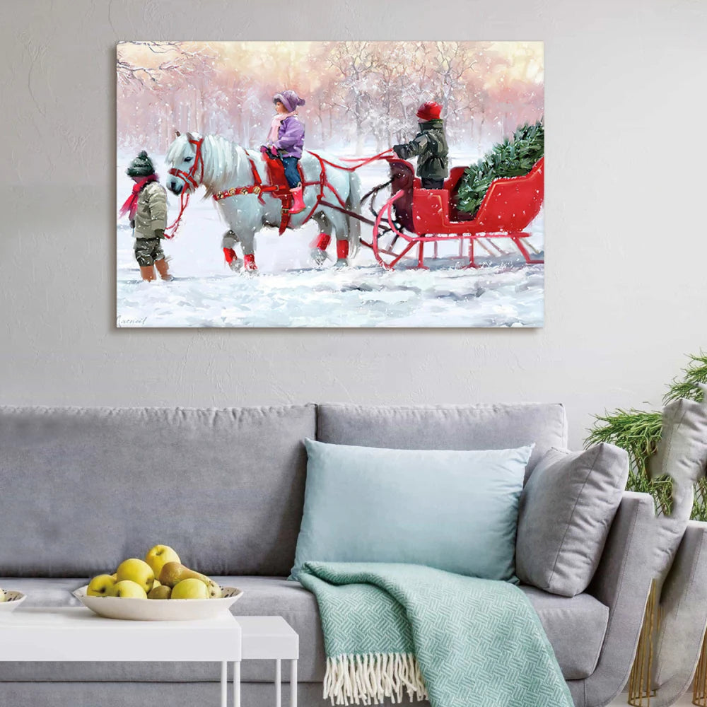 White Horse with Sleigh Christmas Canvas